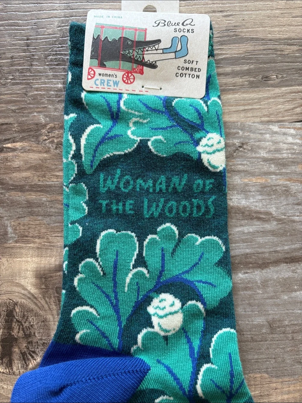 Blue Q Green and Teal Leaf Crew Socks with Blue Toe